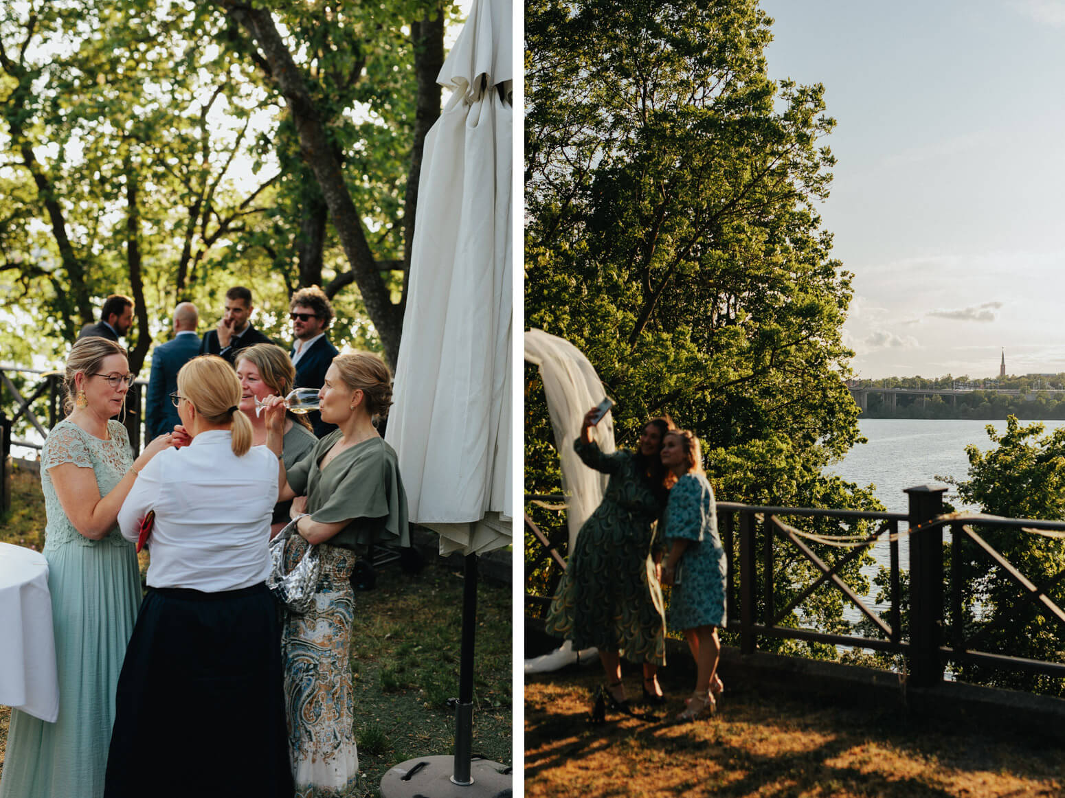 Gästerna minglar under en bensträckare i kvällsljuset vid Carlshälls Gård, med Mälaren och solnedgången i bakgrunden.